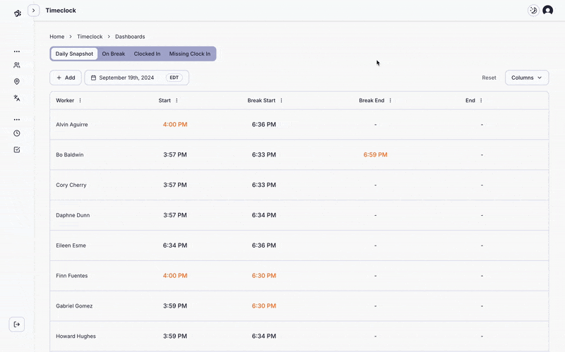 Recording of a user leveraging the Clocked In and On Break filters on the Timeclock dashboard. 
